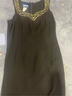 Carole Little Black Midi Sheath Dress with Gold Embroidered Trim